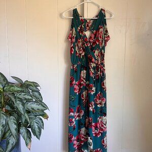 Lucky Brand peony teal faux wrap dress with hi-lo hem and open back